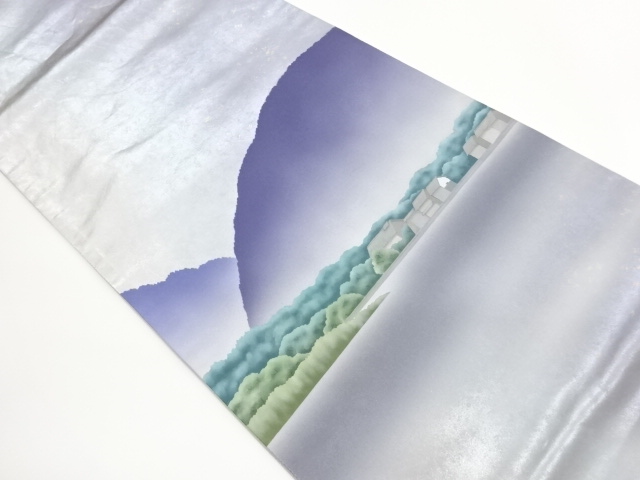 作家物　引箔手描き遠山に水辺・家屋模様袋帯